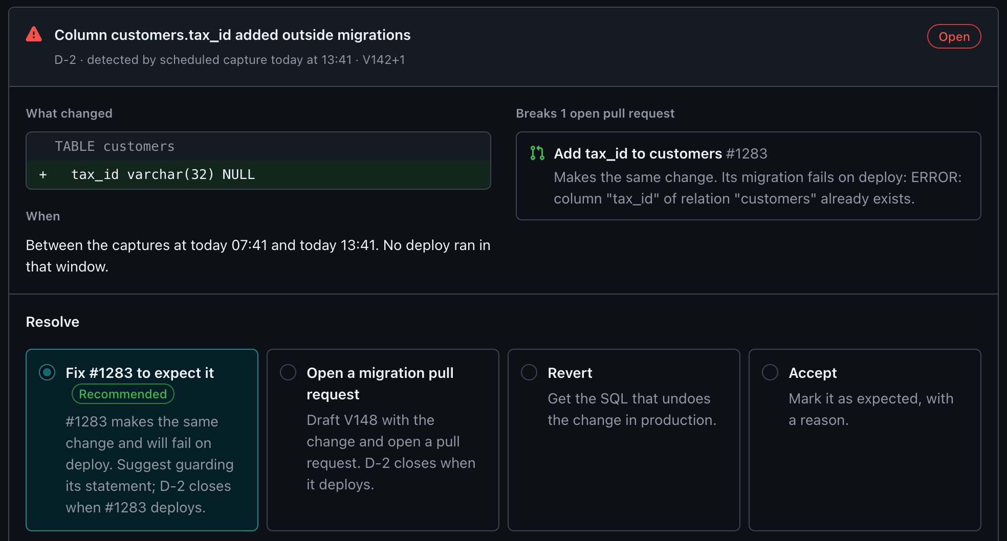 A drift item in the DbProof console: column customers.tax_id added outside migrations, the open pull request it breaks, and four ways to resolve it.